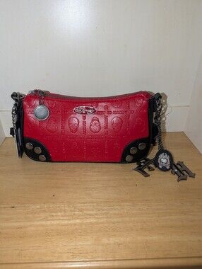 Ed Hardy Red Mini Skull-Embossed Shoulder Bag with Black Trim and Charms